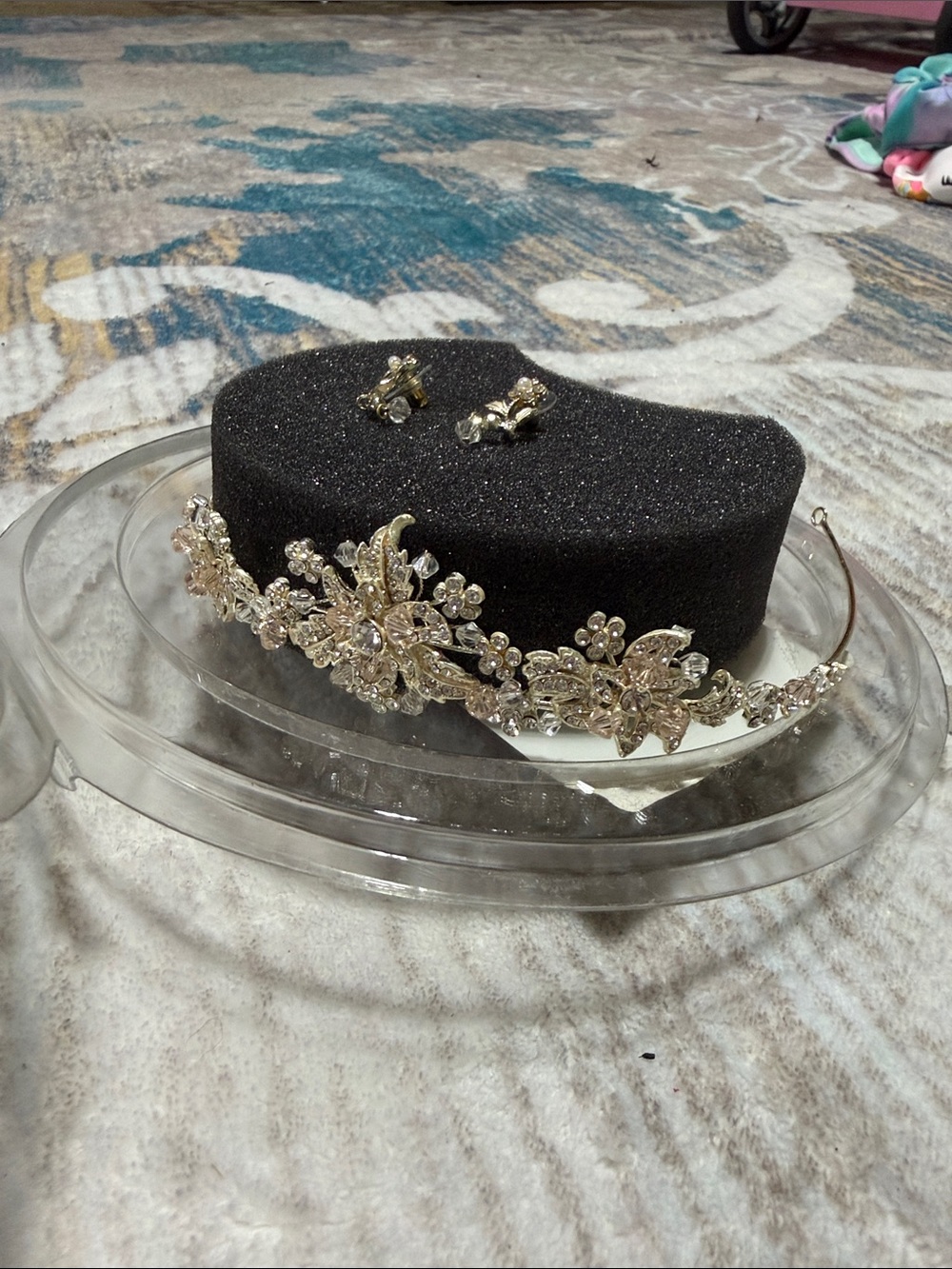 Gold Crystal Floral Tiara Headband and Earrings- Women Accessories